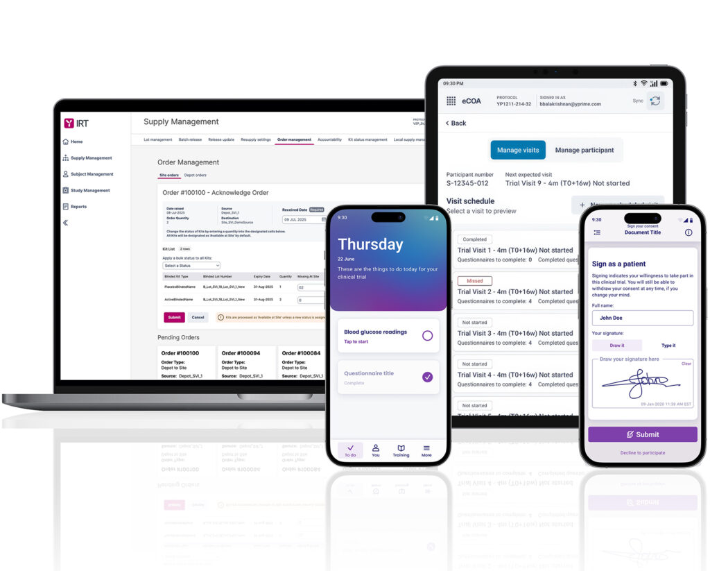 Multiple devices displaying YPrime’s clinical trial platform interface, including laptop, tablet, and mobile screens, highlighting seamless access and user-friendly design across platforms