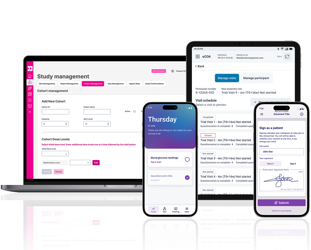 Multiple devices displaying YPrime’s clinical trial platform interface, including laptop, tablet, and mobile screens, highlighting seamless access and user-friendly design across platforms