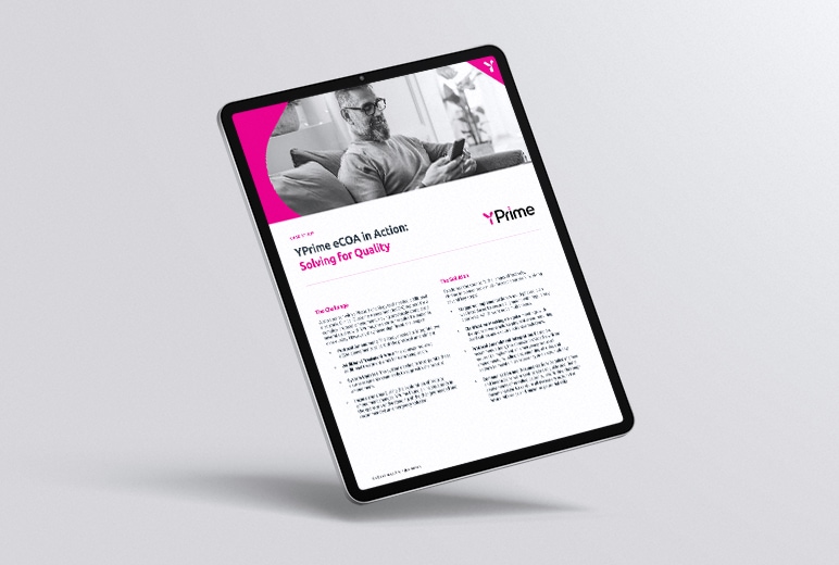 Tablet displaying YPrime case study on clinical trial protocol amendments; man in living room looking at smartphone appears above the detailed case study content.