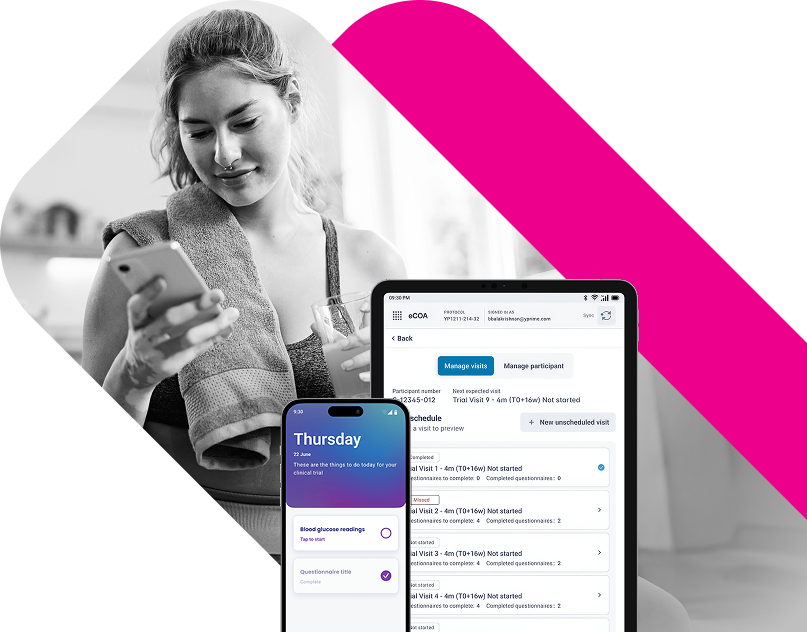 Cover of YPrime’s GLP-1 Playbook titled ‘The GLP-1 Revolution: Mastering Clinical Trials in the New Era of Weight Management’; shows a fit woman in workout clothes looking at her phone, with YPrime’s clinical trial platform displayed on mobile and tablet in the foreground.