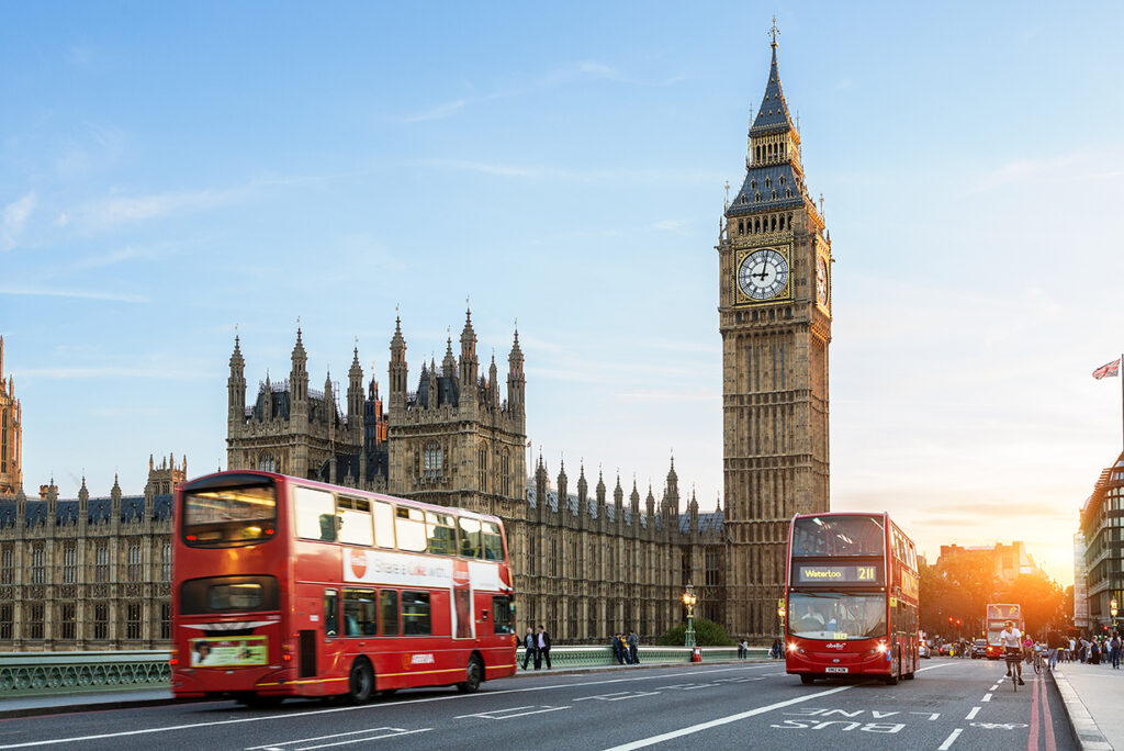 Big Ben and traffic on Westminster Bridge in London, promoting YPrime at OCT UK & Ireland 2025, booth #25