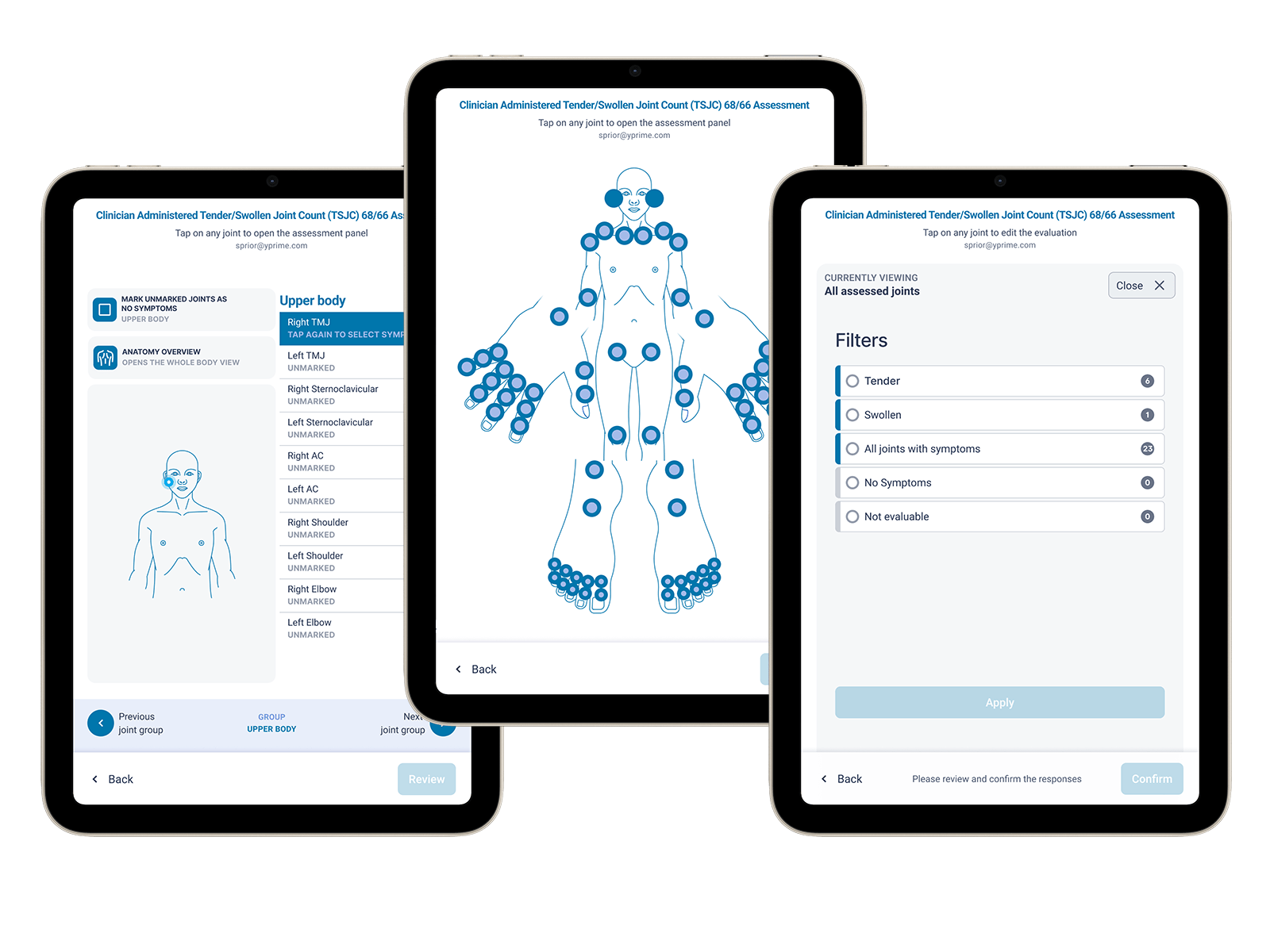 Clinical Trial Joint Assessments on Tablet Interface Graphic displaying three tablets with digital joint assessment screens used in clinical trials