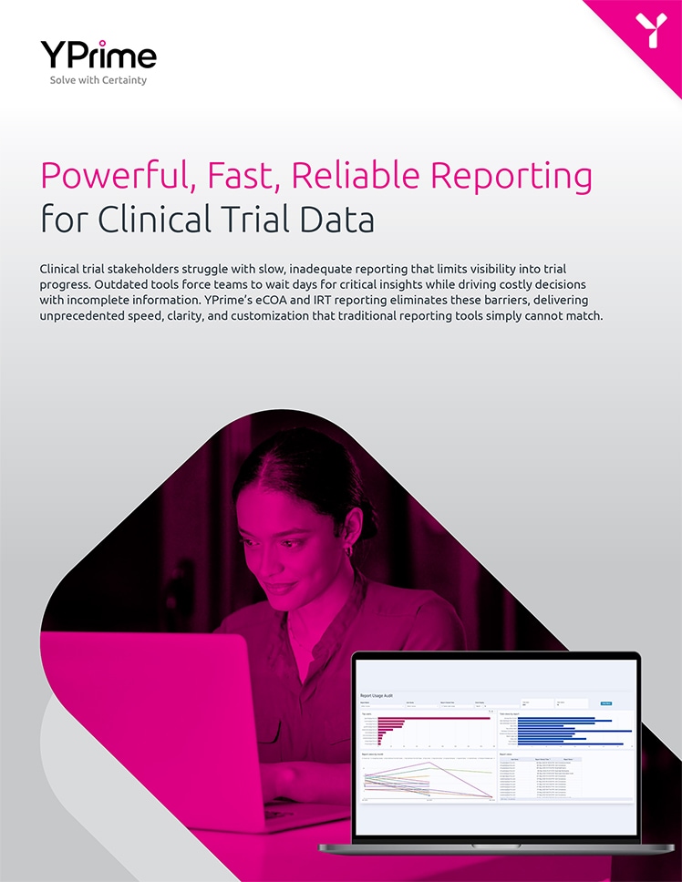Graphic of a woman sitting at her computer with a superimposed image of a laptop screen displaying the YPrime eCOA reporting fact sheet cover page titled 'Powerful, Real-Time eCOA Reporting for Clinical Trial Data.