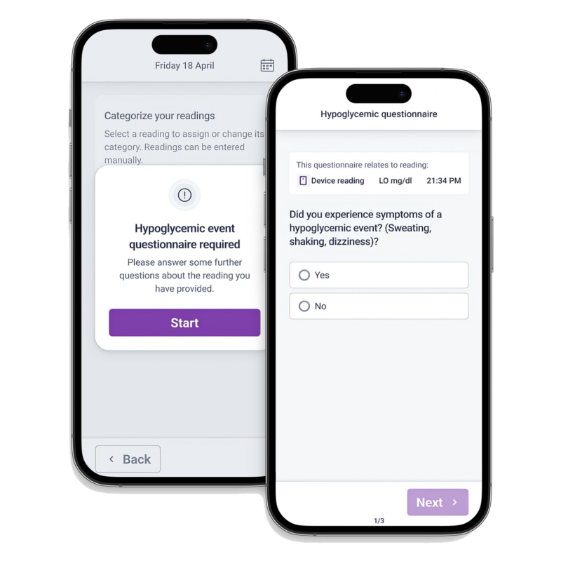 Two mobile phones displaying pages from a hypoglycemic event questionnaire used in GLP-1 clinical trials.
