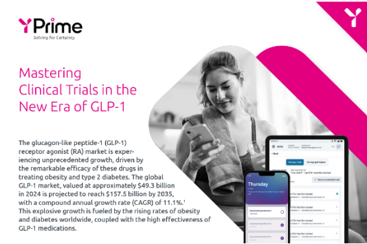 Cover of YPrime’s GLP-1 Playbook titled ‘The GLP-1 Revolution: Mastering Clinical Trials in the New Era of Weight Management’; shows a fit woman in workout clothes looking at her phone, with YPrime’s clinical trial platform displayed on mobile and tablet in the foreground.