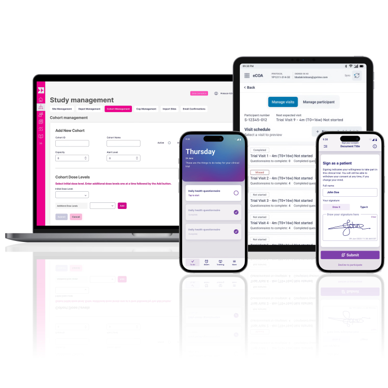 YPrime’s eCOA, IRT, and eConsent platform shown across laptop, tablet, and mobile devices Multiple devices displaying YPrime’s clinical trial platform interface, including laptop, tablet, and mobile screens, highlighting seamless access and user-friendly design across platforms