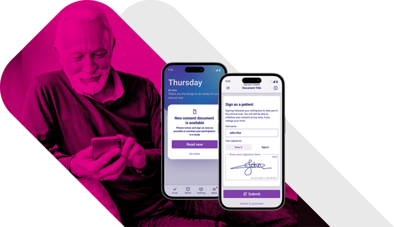 Older man smiling while reviewing eConsent on mobile phone, with YPrime eConsent platform screens showing consent notification and patient sign-in.
