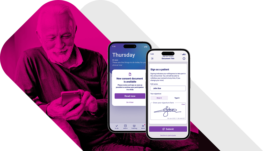 Older man smiling while reviewing eConsent on mobile phone, with YPrime eConsent platform screens showing consent notification and patient sign-in.
