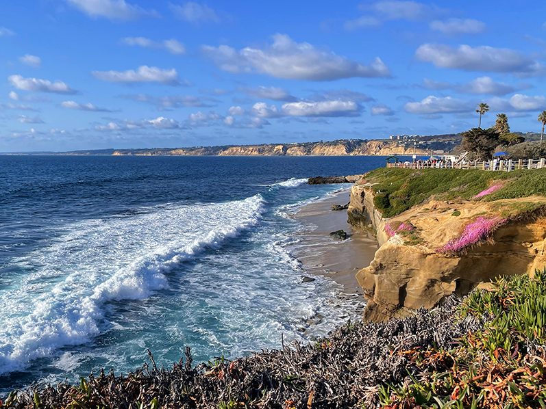 Scenic view of the Pacific Ocean and blue sky along the San Diego coastline, representing the location of OCT Southern California 2025.
