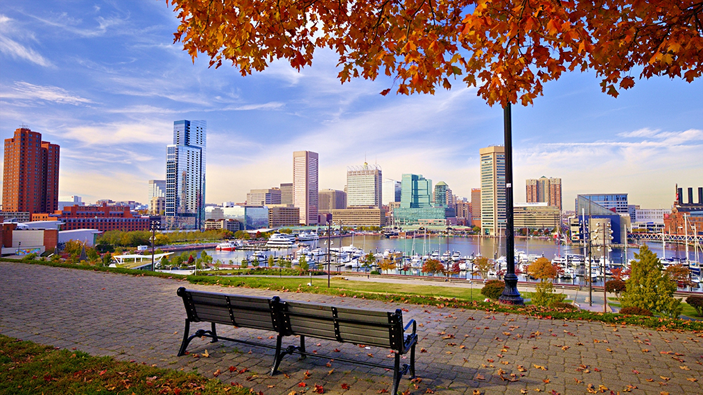 Park overlooking marina and Baltimore city skyline, promoting YPrime booth #223 at SCDM 2025