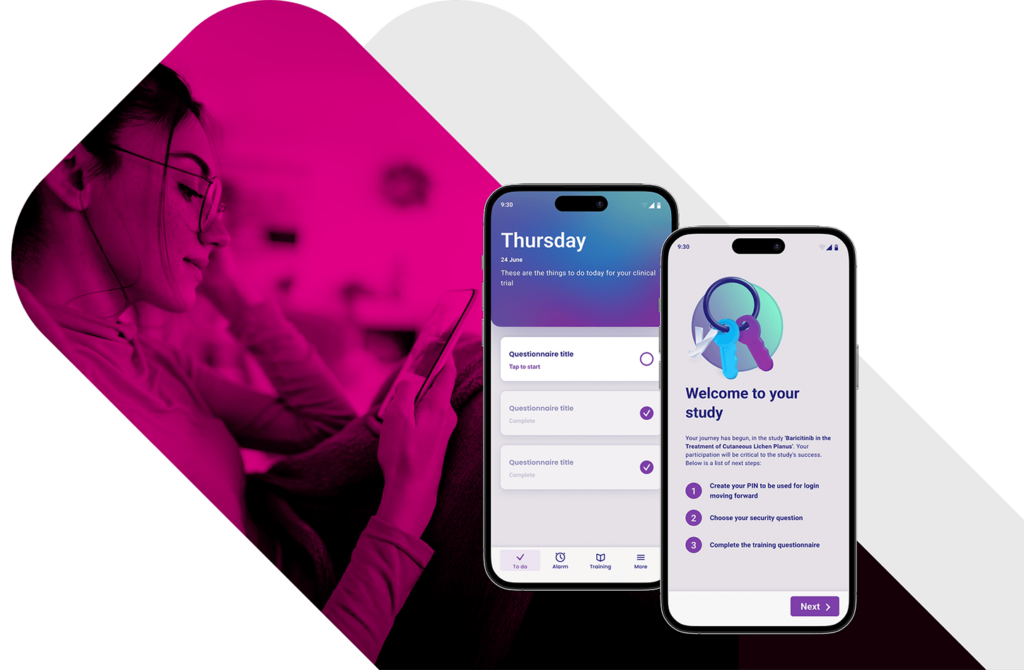 Woman at home looking at her smartphone using the YPrime eCOA app with built-in patient engagement for clinical trials