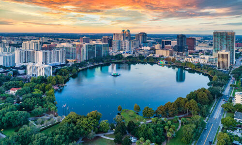 Aerial view of Lake Eola in Orlando, Florida, promoting YPrime’s presence at the SCOPE Summit 2026.
