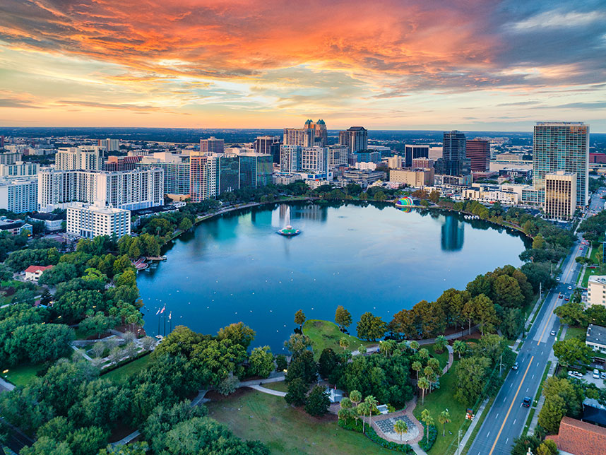 Aerial view of Lake Eola in Orlando, Florida, promoting YPrime’s presence at the SCOPE Summit 2026.