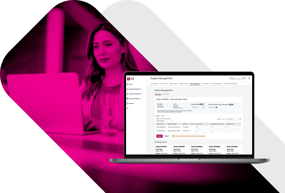 Woman using laptop with YPrime IRT platform displayed on screen, illustrating clinical trial management