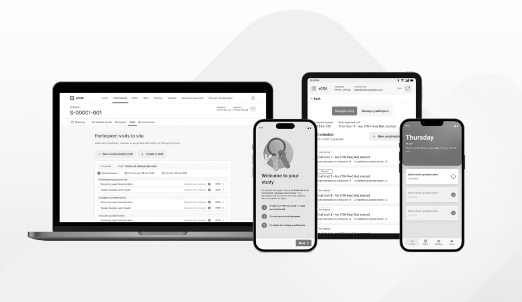 Electronic Clinical Outcome Assessment (eCOA) platforms displayed across tablets, smartphones, and wearable devices used in clinical trials