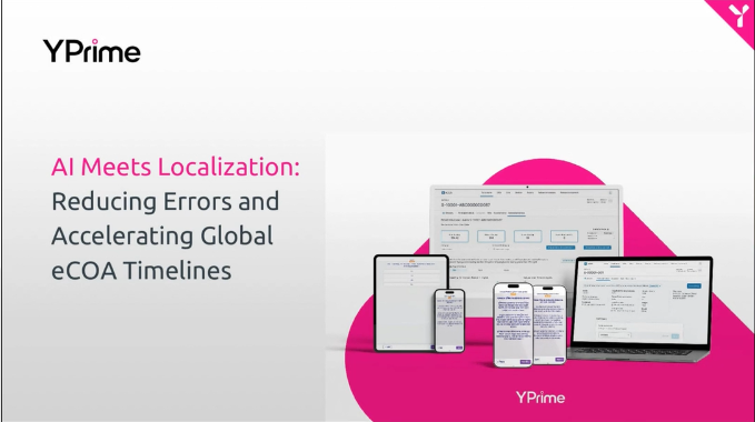 YPrime webinar showing eCOA localization interface across multiple devices with title "AI Meets Localization: Reducing Errors and Accelerating Global eCOA Timelines"