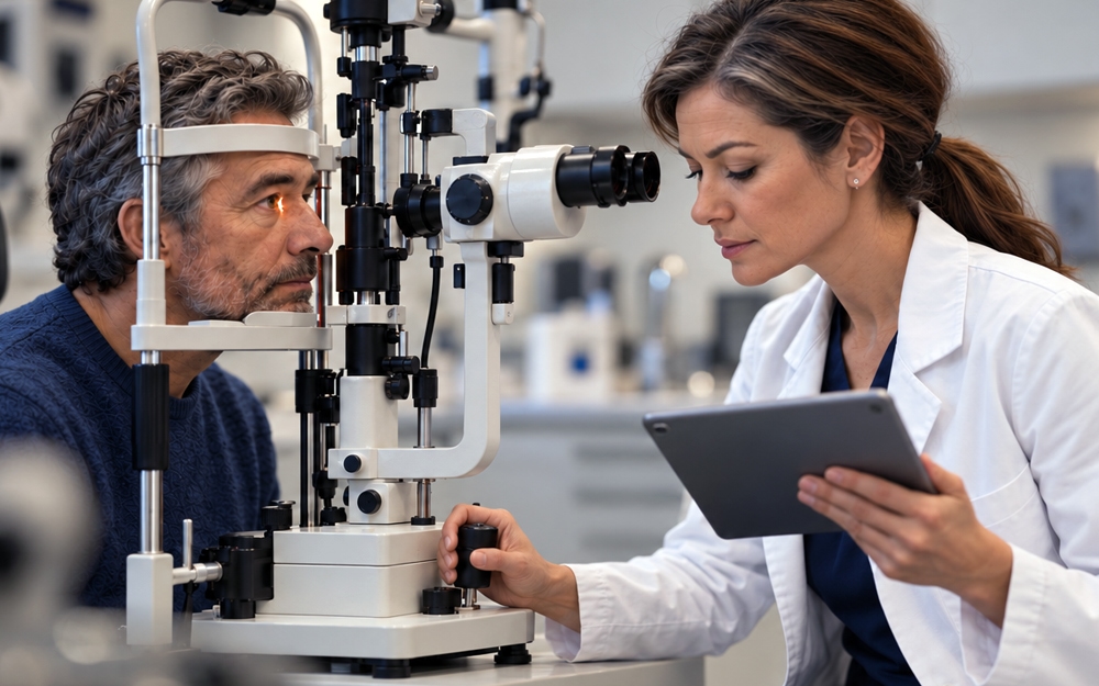 Clinician examining a patient’s eye with a slit lamp during an ophthalmology clinical trial visit